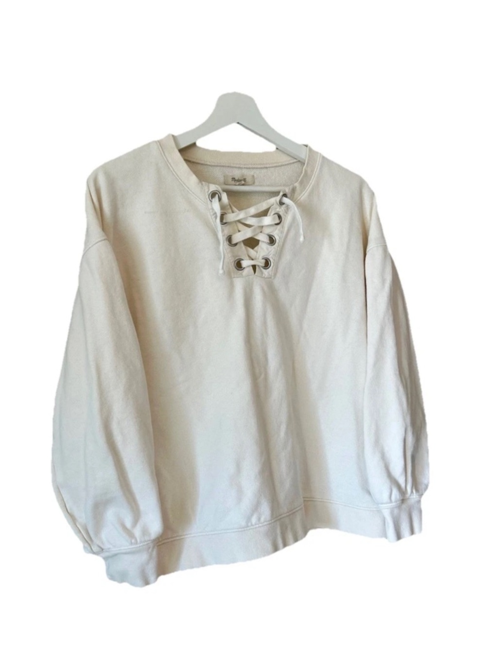 Madewell Lace-Up Henley Crewneck Sweatshirt in Cream - Women Size S - Picture 3 of 9